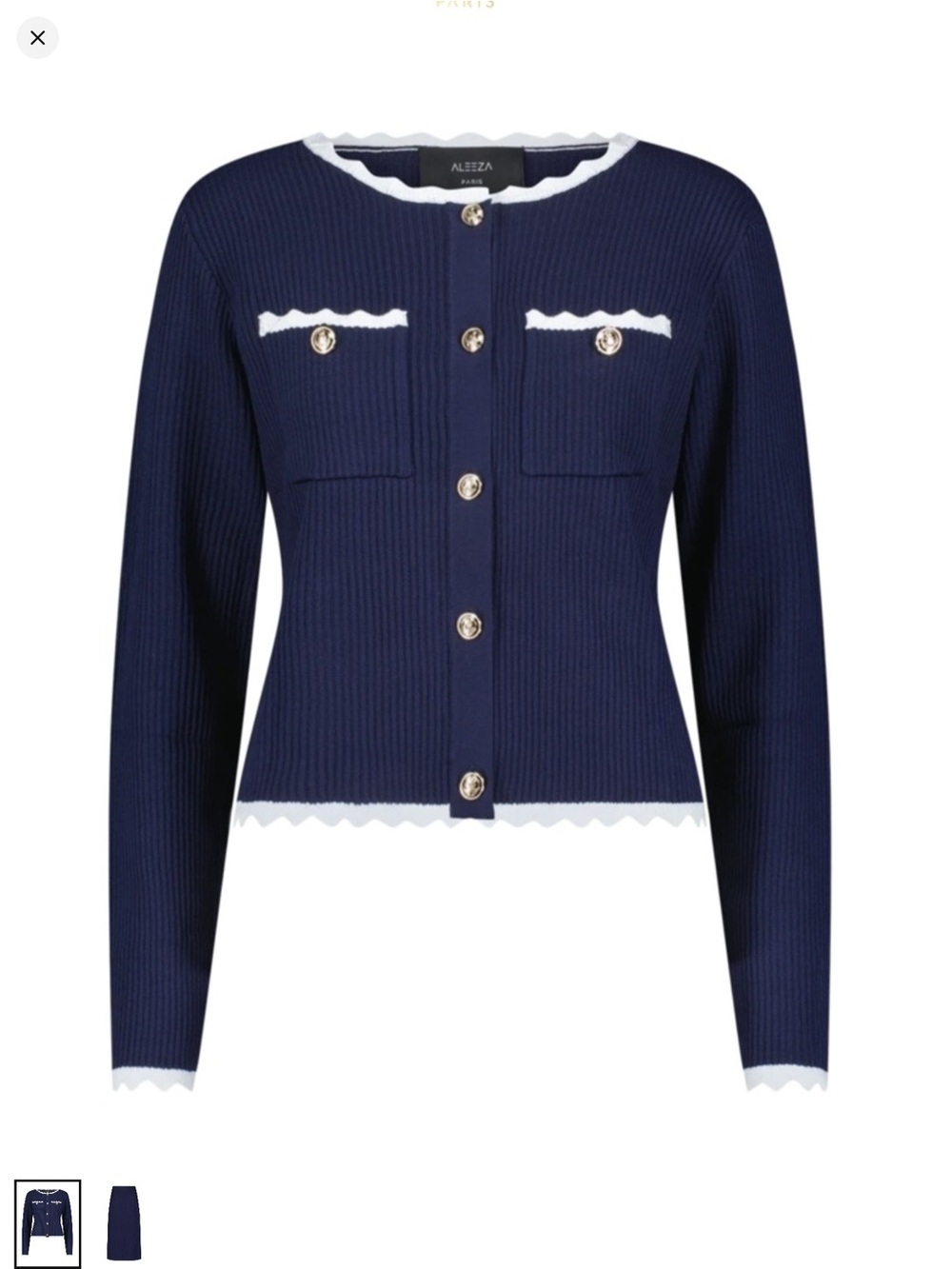 Aleeza Paris (Set) Londyn Navy Ribbed Cardigan and Skirt With White Trim (Set) - Picture 4 of 4